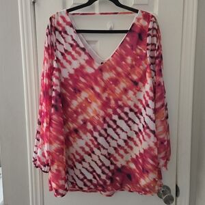 Worthington Pink Orange White Tie-Dye V-Neck Blouse